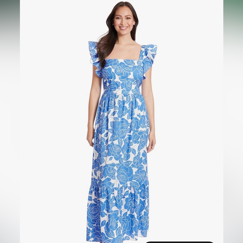 London Times Blue and White Floral Maxi Dress
